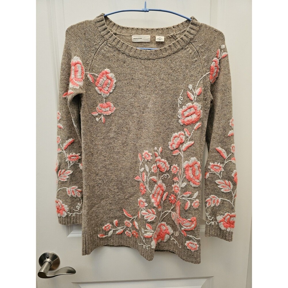 Sleeping on Snow Anthropologie Sweater XS Tan Pink Floral Embroidered Wool Blend
